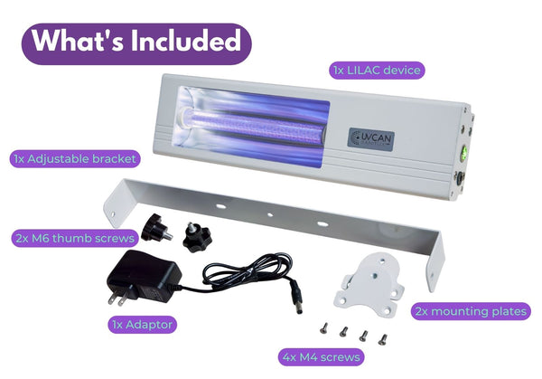 Product image of LILAC Portable Far UV device from UV Can Sanitize showing included accessories
