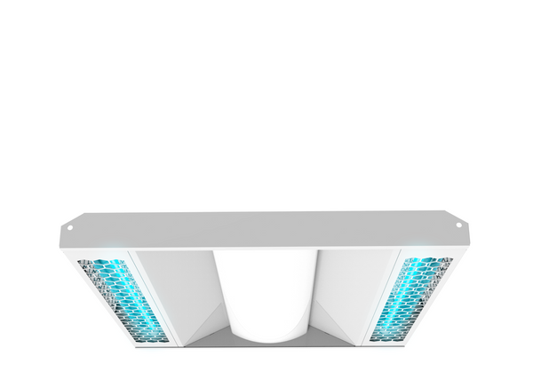Product image of UV Can Sanitize's GALAX Surface-02 UV-C Disinfection Panel light with transparent background from a front view with UV-C light on.