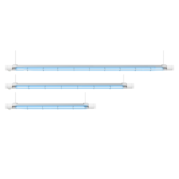Product image of UV Can Sanitize's LIATRIS UV-C disinfection Tube Light in 80W, 60W, and 40W with transparent background with UV-C light on.