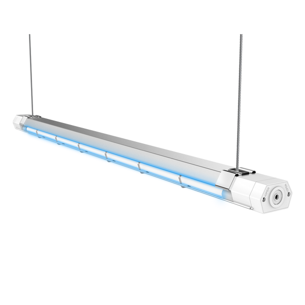 Product image of UV Can Sanitize's LIATRIS UV-C disinfection Tube Light with transparent background from a front view with UV-C light on.