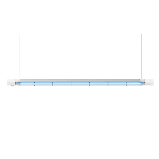 Product image of UV Can Sanitize's LIATRIS UV-C disinfection Tube Light with transparent background from a front view with UV-C light on.
