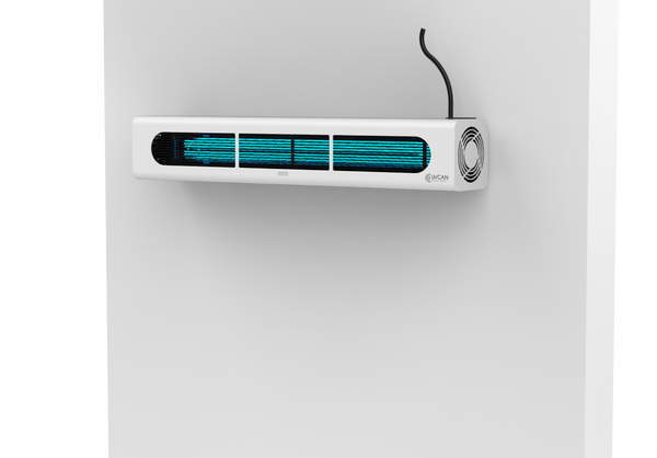 Product image of Iris upper room wall-mounted UVGI fixture by UV Can Sanitize. Product is mounted to a wall.