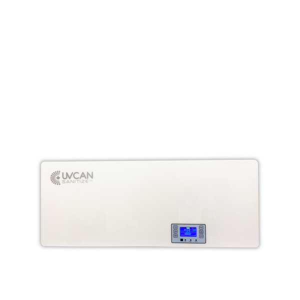 A large wall mountable UVC HEPA Air Purifier with UV Can Sanitize logo on the top left of device