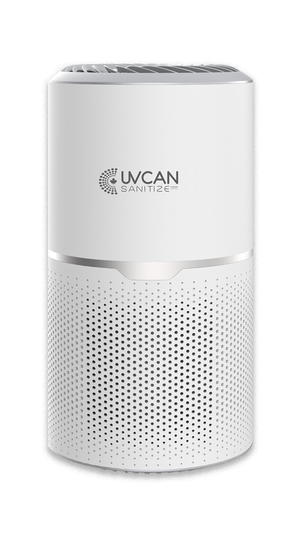 White Tabletop UVC HEPA Air Purifier with UV Can Sanitize Logo on the front