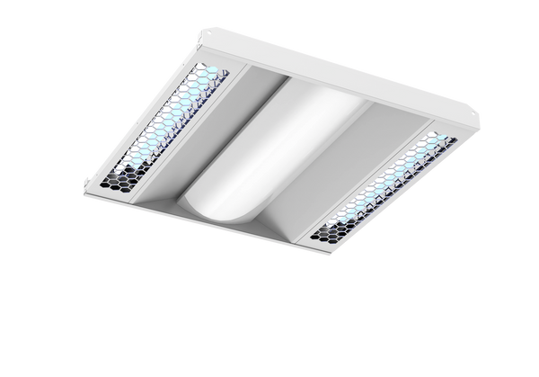 Product image of UV Can Sanitize's GALAX Surface-02 UV-C Disinfection Panel light with transparent background viewed from below with UV-C light on.