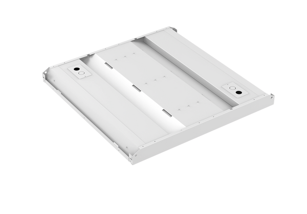 Product image of UV Can Sanitize's GALAX Surface-02 UV-C Disinfection Panel light with transparent background viewed from above with UV-C light on.