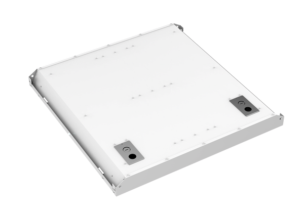 Product image of UV Can Sanitize's GALAX Surface-02 UV-C Disinfection Panel light with transparent background viewed from above with UV-C light on.