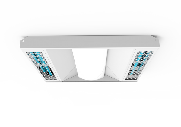 Product image of UV Can Sanitize's GALAX Surface-02 UV-C Disinfection Panel light with transparent background viewed from the front with UV-C light on.