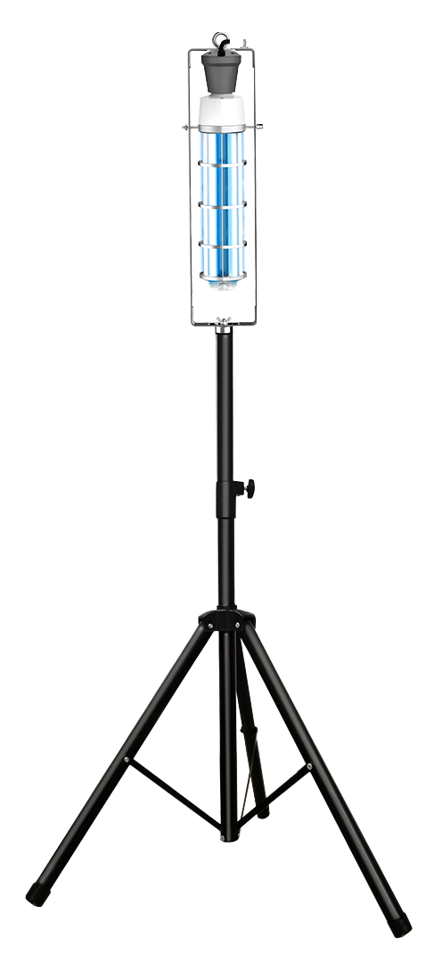 Product image of UV Can Sanitize's HEATHER UV-C disinfection Corn Light with transparent background on a black stand with UV-C light on.