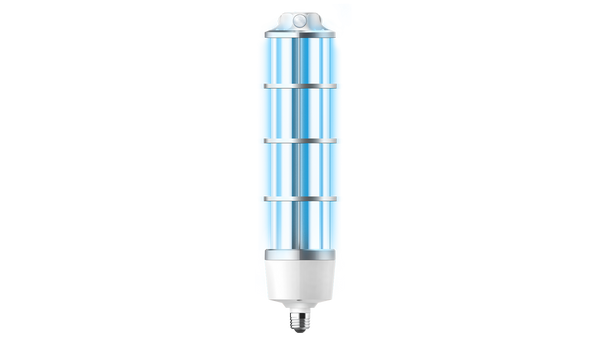 Product image of UV Can Sanitize's HEATHER UV-C disinfection Corn Light with transparent background from a front view with UV-C light on.