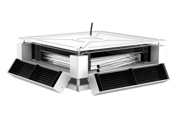 Product image of Iris Omnidirectional upper room UVGI fixture by UV Can Sanitize with tubes being replaced.