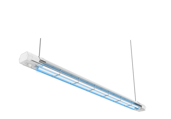 Product image of UV Can Sanitize's LIATRIS UV-C disinfection Tube Light with transparent background from a front view with UV-C light on.