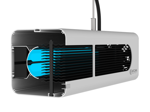 View of the inside of Iris upper room wall-mounted UVGI fixture by UV Can Sanitize