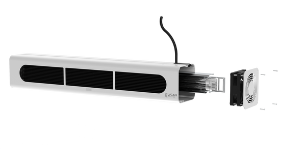 Product image of Iris upper room wall-mounted UVGI fixture by UV Can Sanitize showing how lamps can be replaced through opening the side.