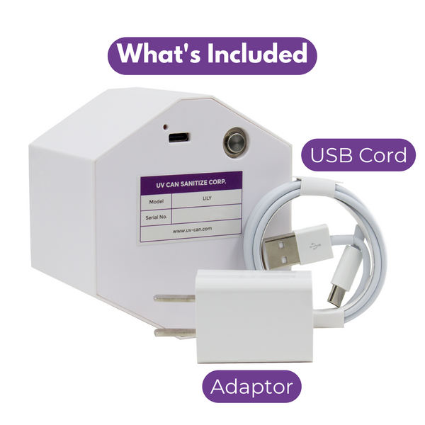 Product image of LILY Handheld Personal Far UV Disinfection Light and its USB and adaptor by UV Can Sanitize