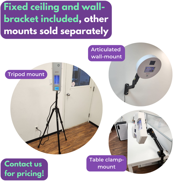 Image showing UV Can Sanitize DELPHI Industrial, Puck Light, and TRILLIUM Far UV 222nm products mounted on a tripod, articulated wall-mount, and table clamp-mount respectively. Text in image says: "Fixed ceiling and wall-bracket included, other mounts sold separately. Contact us for pricing!"